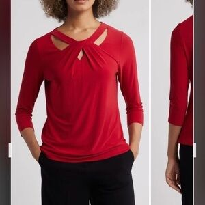 Kasper Three Quarter Sleeve Twist Neck Top in Fire Red Size SP